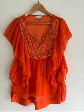 Semi sheer Orange Ruffle Blouse with Embellishments